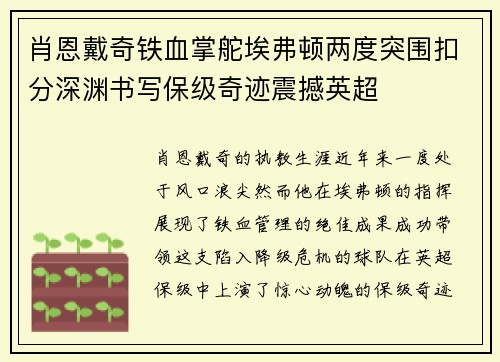 肖恩戴奇铁血掌舵埃弗顿两度突围扣分深渊书写保级奇迹震撼英超